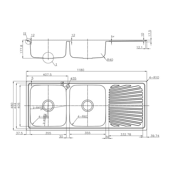 Otus Stainless Steel Sink Double Bowls & Drainer Sink 1180 X 480 X 178mm