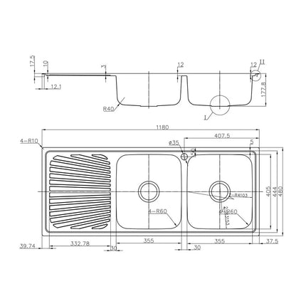 Otus Stainless Steel Sink Double Bowls & Drainer Sink 1180 X 480 X 178mm