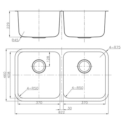 Otus Stainless Steel Undermount Sink Double Bowls 822 X 460 X 229mm