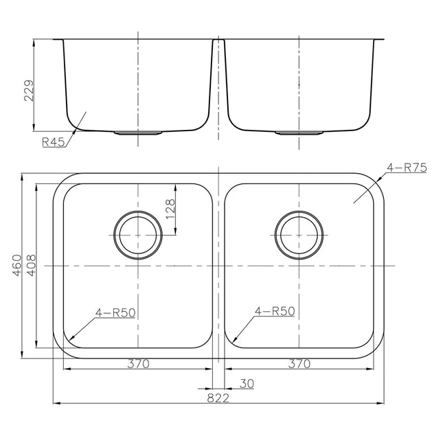 Otus Stainless Steel Undermount Sink Double Bowls 822 X 460 X 229mm