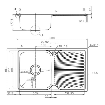 Otus Stainless Steel Sink Single Bowl & Drainer Sink 800 X 480 X 178mm