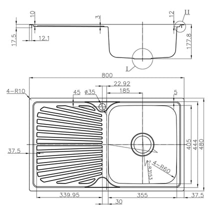 Otus Stainless Steel Sink Single Bowl & Drainer Sink 800 X 480 X 178mm