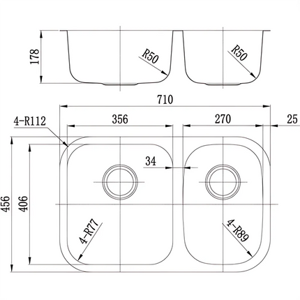 Otus Stainless Steel Undermount Sink 1 & 3/4 Bowl 710 X 456 X 178mm