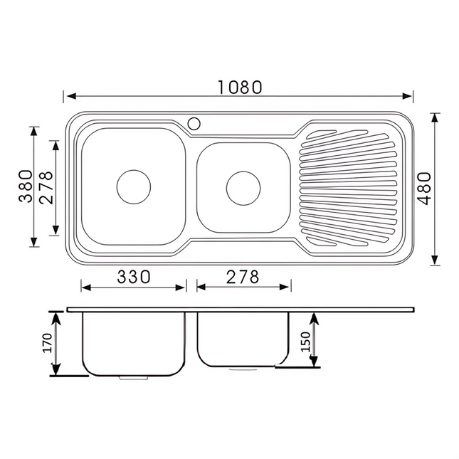 Cora Stainless Steel Sink 1 & 3/4 Bowl & Single Drainer 1080 X 480 X 170mm