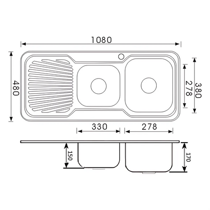 Cora Stainless Steel Sink 1 & 3/4 Bowl & Single Drainer 1080 X 480 X 170mm