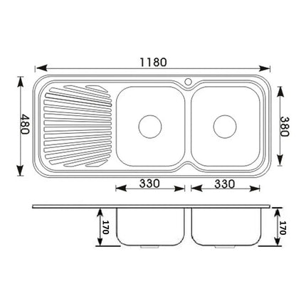 Cora Stainless Steel Sink Double Bowls & Single Drainer 1180 X 480 X 170mm