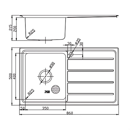 Ikon Seto Stainless Steel Sink Single Bowl & Single Drainer 860 X 500 X 215