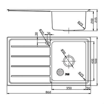 Ikon Seto Stainless Steel Sink Single Bowl & Single Drainer 860 X 500 X 215