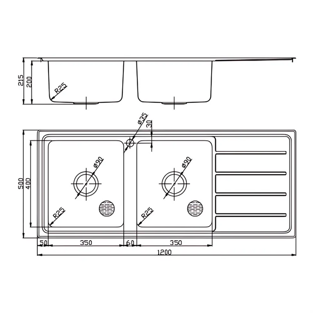 Ikon Seto Stainless Steel Sink Double Bowls & Single Drainer 1200 X 500 X 215