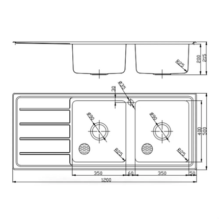 Ikon Seto Stainless Steel Sink Double Bowls & Single Drainer 1200 X 500 X 215