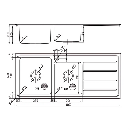 Ikon Seto Stainless Steel Sink 1 & 3/4 Bowl & Single Drainer 1160 X 500 X 215