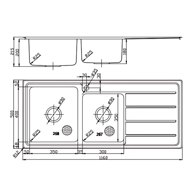 Ikon Seto Stainless Steel Sink 1 & 3/4 Bowl & Single Drainer 1160 X 500 X 215