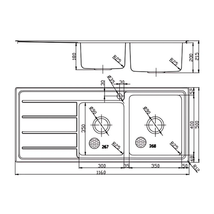 Ikon Seto Stainless Steel Sink 1 & 3/4 Bowl & Single Drainer 1160 X 500 X 215