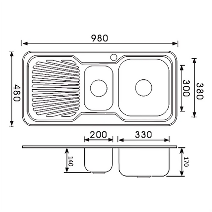 Cora Stainless Steel Sink 1 & 1/2 Bowl & Single Drainer 980 X 480 X 170mm