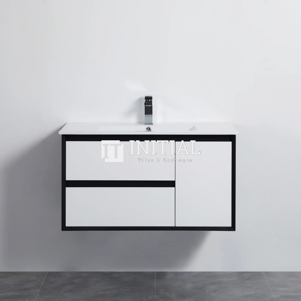 Petra 900 PVC Wall Hung Vanity, 1 Solid Door, 2 Drawers , With Ceramic Top Left Drawer