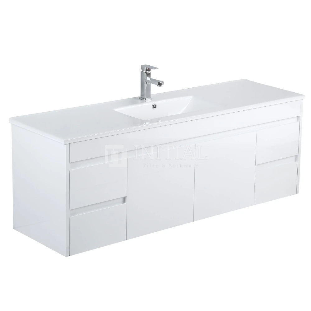 Gloss White PVC Wall Hung Vanity with 2 Doors and 4 Drawers Single Bowl 1490W X 500H X 455D ,