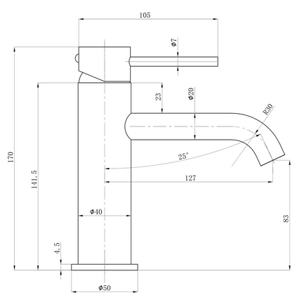 Otus Slimline SS Basin Mixer Curved Spout Stainless Steel, 2 Sizes