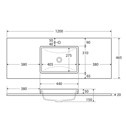 Fienza Sarah Crystal Pure Semi Inset Basin Top, 1200mm, No Tap Hole ,