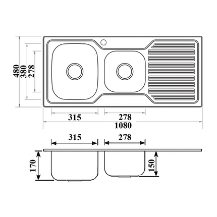 Eden Stainless Steel Sink 1 & 3/4 Bowl & Single Drainer 1080 X 480 X 170mm