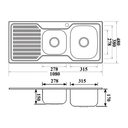 Eden Stainless Steel Sink 1 & 3/4 Bowl & Single Drainer 1080 X 480 X 170mm