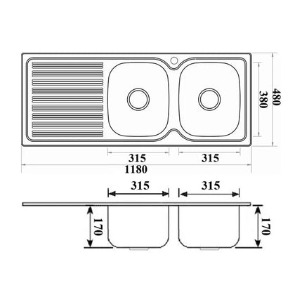 Eden Stainless Steel Sink Double Bowls & Single Drainer 1180 X 480 X 170mm