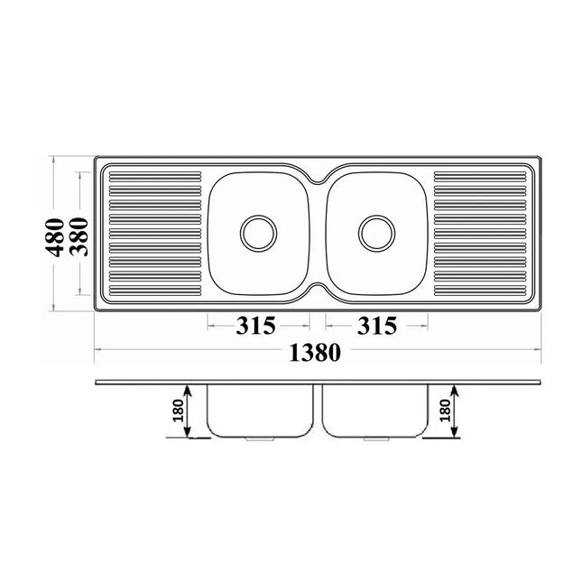 Eden Stainless Steel Sink Double Bowls & Double Drainers 1380 X 480 X 180mm