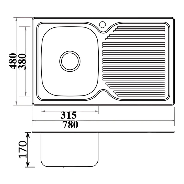 Eden Stainless Steel Sink Single Bowl & Single Drainer 780 X 480 X 170mm