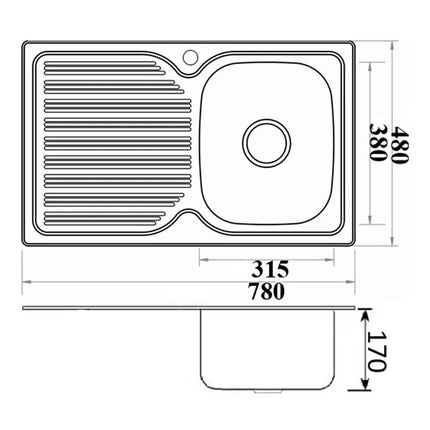 Eden Stainless Steel Sink Single Bowl & Single Drainer 780 X 480 X 170mm