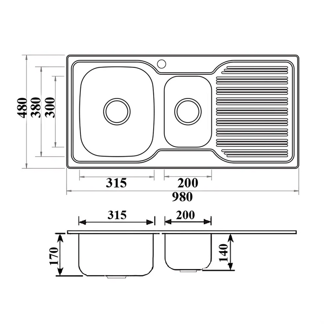 Eden Stainless Steel Sink 1 & 1/4 Bowl & Single Drainer 980 X 480 X 170mm