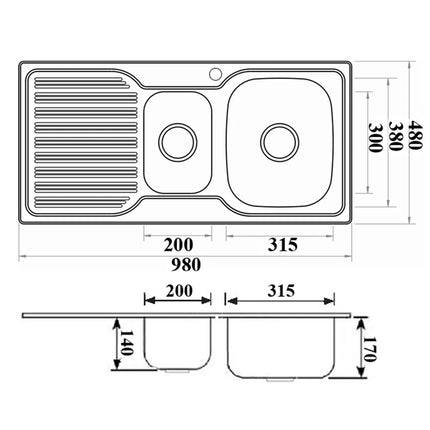 Eden Stainless Steel Sink 1 & 1/4 Bowl & Single Drainer 980 X 480 X 170mm