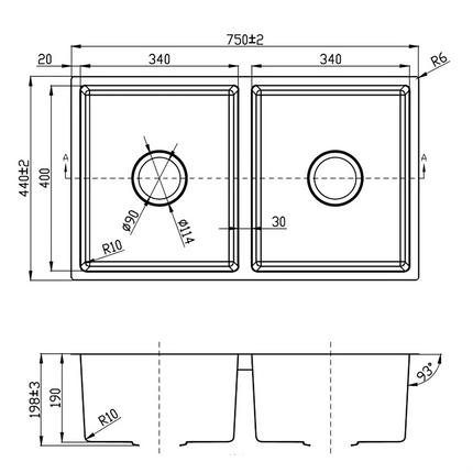 Cora Stainless Steel Top/Undermount Sink Douoble Bowls 750 X 440 X 200mm 93 Degrees