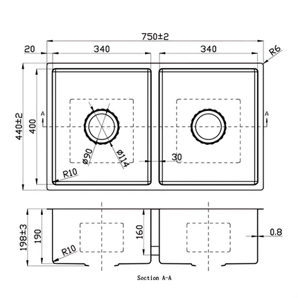 Cora Stainless Steel Top/Undermount Sink Douoble Bowls 750 X 440 X 200mm