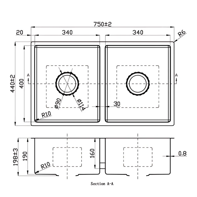 Cora Stainless Steel Top/Undermount Sink Douoble Bowls 750 X 440 X 200mm 90 Degrees