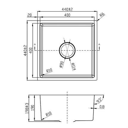 Cora Undermout Sink Single Bowl 440 X 440 X 198mm