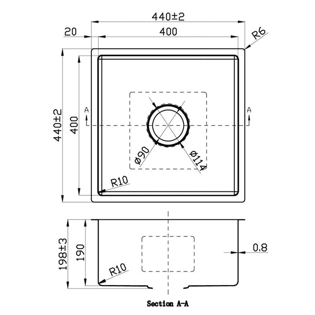 Cora Undermout Sink Single Bowl 440 X 440 X 198mm 90 Degrees