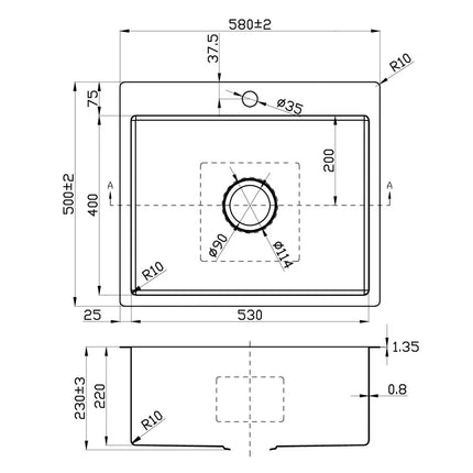 Eden Stainless Steel Top/Undermount Sink 580 X 500 X 230mm