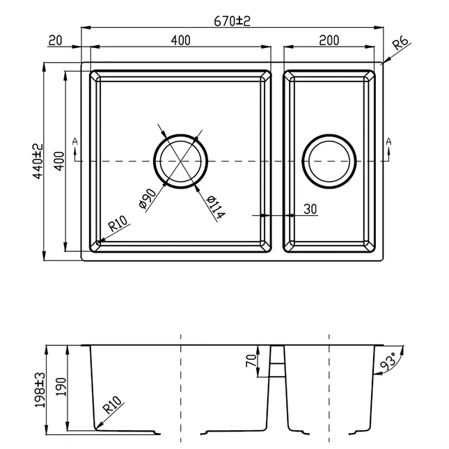 Cora Stainless Steel Top/Undermount 1 & 1/2 Bowls 670 X 440 X 200mm 93 Degrees