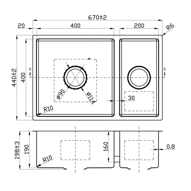 Cora Stainless Steel Top/Undermount 1 & 1/2 Bowls 670 X 440 X 200mm 90 Degrees