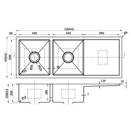 Eden Stainless Steel Sink Double Bowls & Single Drainer Sink 1160 X 450 X 208mm