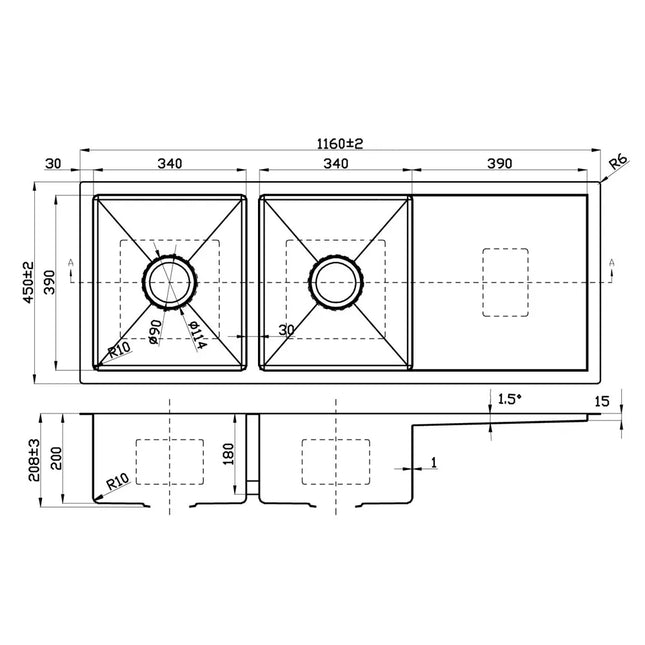 Eden Stainless Steel Sink Double Bowls & Single Drainer Sink 1160 X 450 X 208mm