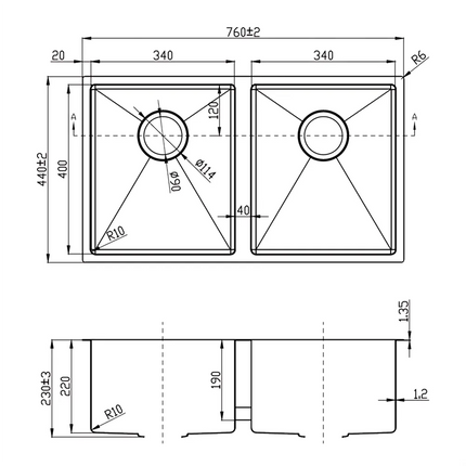 Rosa Stainless Steel Top/Undermount Sink Double Bowls 760 X 440mm