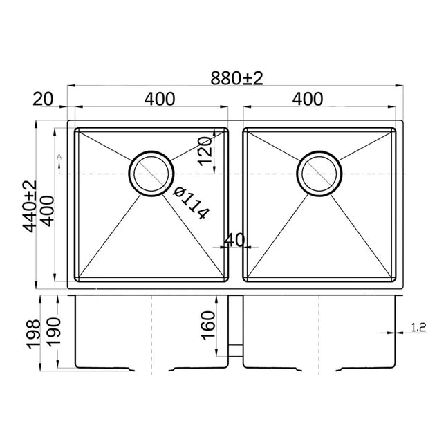 Eden Stainless Steel Top/Undermount Sink Double Bowls 880 X 440 X 198mm