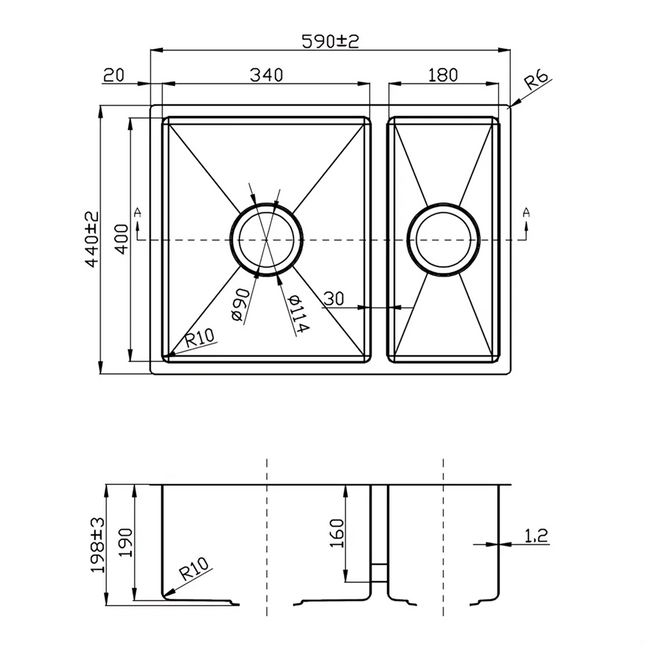 Eden Stainless Steel Undermount Sink 1 & 1/2 Bowl 590 X 440 X 198mm