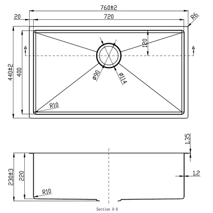 Rosa Stainless Steel Top/Undermount Sink 760 X 440mm