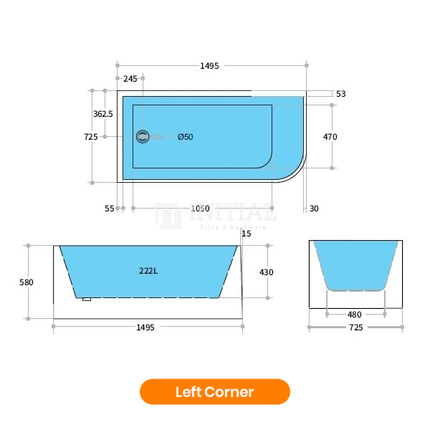 Bathroom Gloss White Corner Bathtub with No Overflow 1495X725X580 ,