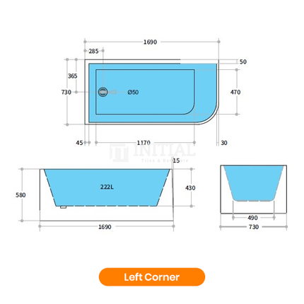 Bathroom Gloss White Corner Bathtub with No Overflow 1690X730X580 ,