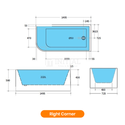 Bathroom Gloss White Corner Bathtub with No Overflow 1495X725X580 ,
