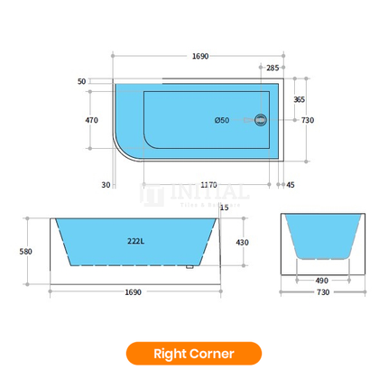 Bathroom Gloss White Corner Bathtub with No Overflow 1690X730X580 ,