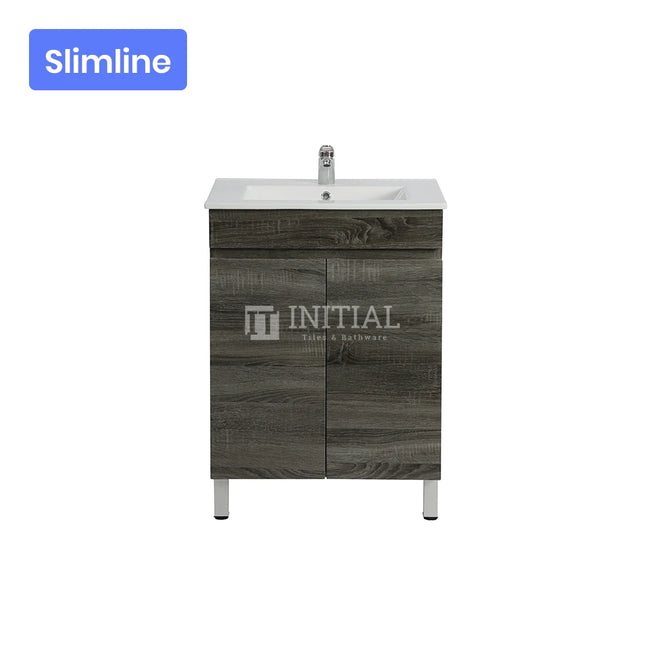 Begin Wood Grain PVC Filmed Slim Freestanding Floor Vanity With 2 Doors Dark Grey 590W X 830H X 355D ,