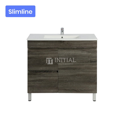 Begin Series Wood Grain PVC Filmed Slim Freestanding Floor Vanity With 1 Door and 2 Drawers Left Side Dark Grey 740W X 830H X 350D ,